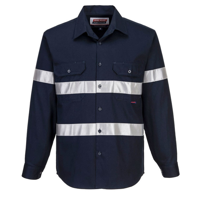 Navy long-sleeve cotton shirt with reflective stripes and a logo on the chest, featuring two front pockets.