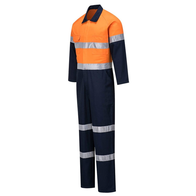 A cotton coverall in orange and navy, featuring reflective stripes and a front pocket. It includes a logo on the chest.