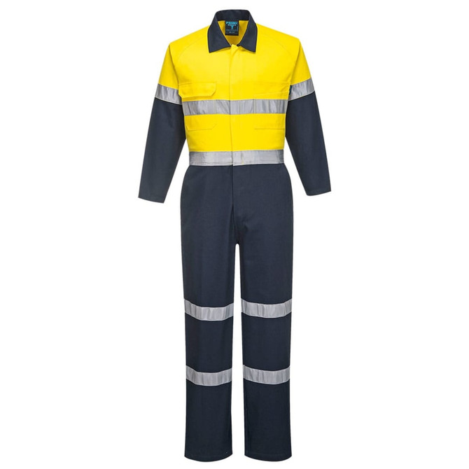 A cotton coverall in yellow and navy with reflective stripes, featuring a collared design and long sleeves.