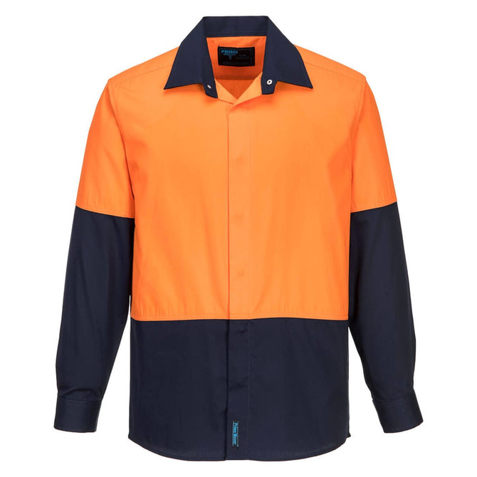 An orange and navy long-sleeve work shirt with a collar and button-up front, featuring a logo on the label.