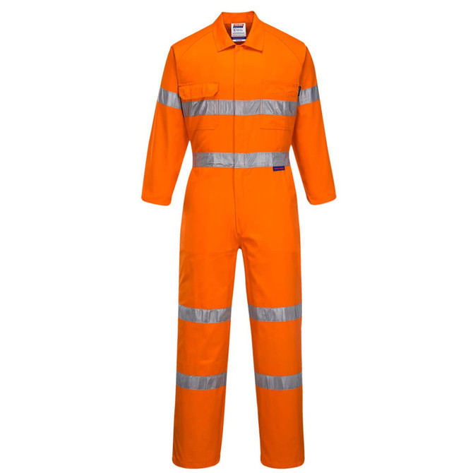 An orange flame retardant coverall with reflective stripes and long sleeves. It features multiple pockets and a logo.