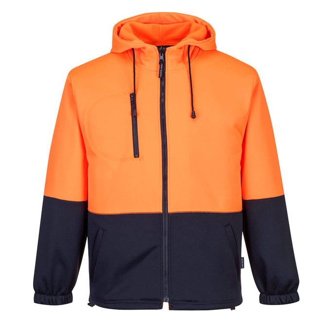 A fleece hoodie in bright orange and navy blue, featuring a front zip, pockets, and an adjustable hood.