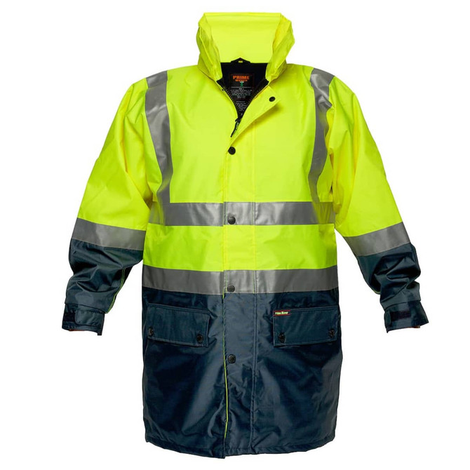 A bright yellow and navy Hi-Vis jacket with reflective strips and a fleece lining, featuring a logo.