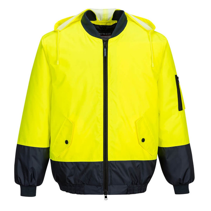 A Bomber Jacket in bright yellow with navy blue accents and a logo on the sleeve. Features a hood and zip closure.