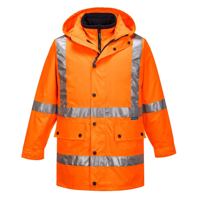 An orange work jacket with reflective stripes and a hood. It features pockets and a zip closure.