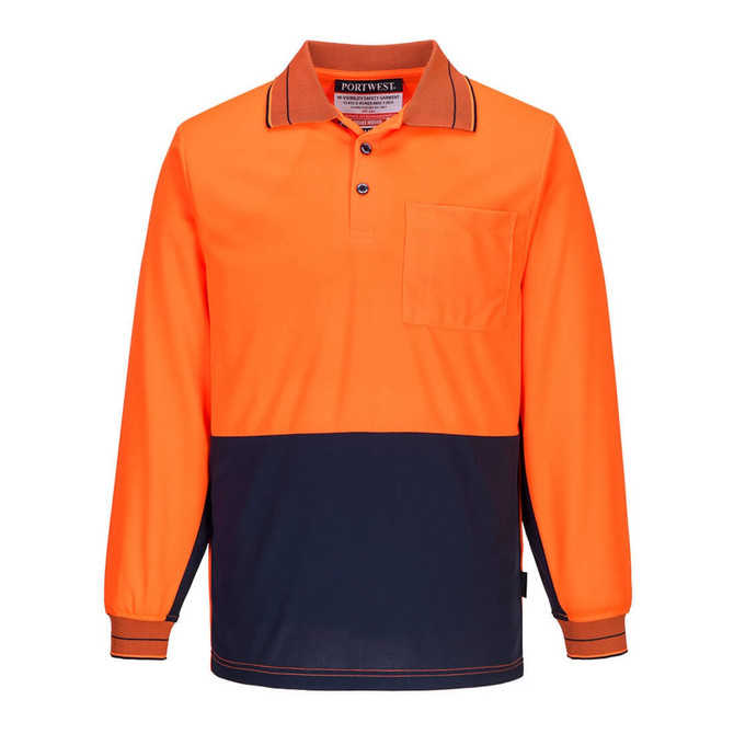 An orange and navy long-sleeve polo shirt with a collar and a chest pocket, featuring a logo.
