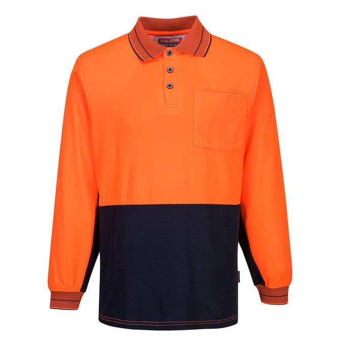 A long-sleeve polo shirt in bright orange and navy, featuring a front pocket and a logo on the collar.