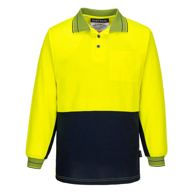 A long-sleeved polo shirt in high visibility yellow and navy, featuring a pocket and a logo.
