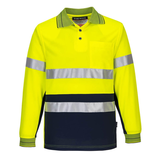 A bright yellow long-sleeve polo shirt featuring reflective stripes and dark navy accents, with a pocket and branding.