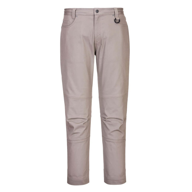 Slim fit work pants in a light beige colour, featuring pockets and a logo. Ideal for professional wear.