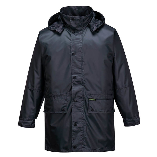 A black rain jacket featuring a hood and button-up front, with pockets and a logo.