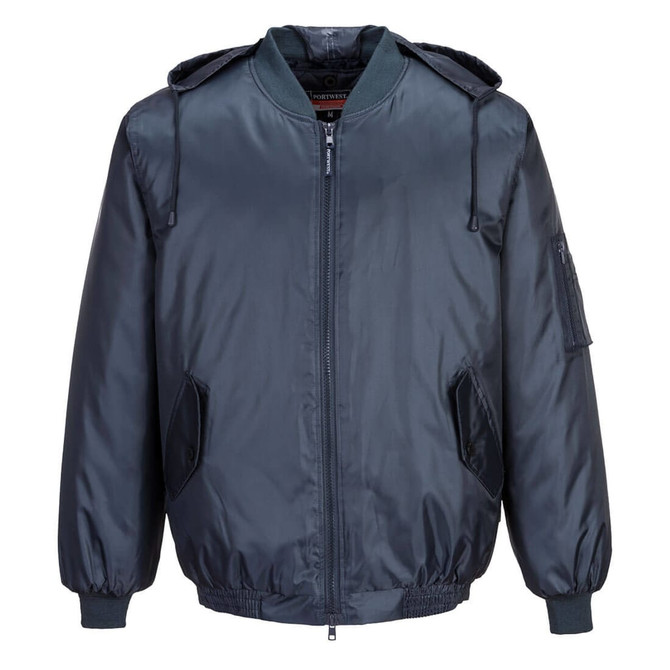 A bomber jacket in dark navy with a zip front, side pockets, and an adjustable hood. It features elasticated cuffs.