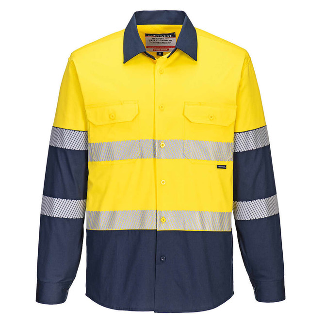 A button-up shirt featuring a yellow upper section and navy blue sleeves, with reflective tape detail and a logo.