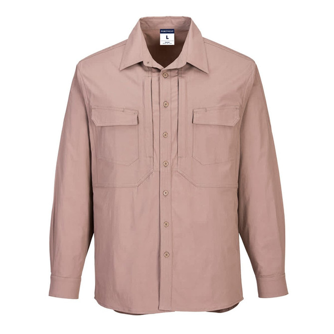 A long-sleeve, beige work shirt with two chest pockets and a branding logo. Suitable for workwear purposes.