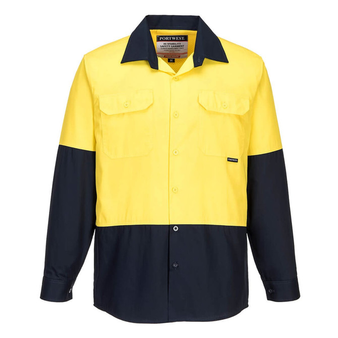 A lightweight long-sleeve shirt in bright yellow and navy, featuring two front pockets and a logo on the side.