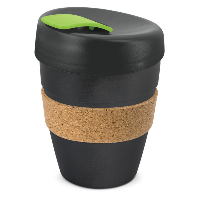 A reusable coffee cup in black with a cork band and green lid. Features a simple design and branding.