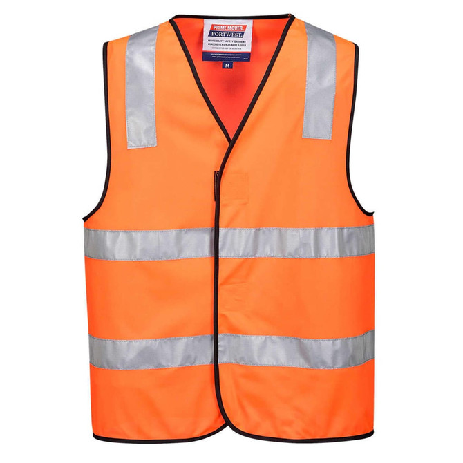 Hi-Vis vest in bright orange with reflective stripes and black trim. Features a logo on the chest area.