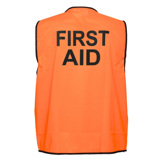 A high-visibility orange vest with black lettering indicating "FIRST AID," featuring a simple design and no visible logos.