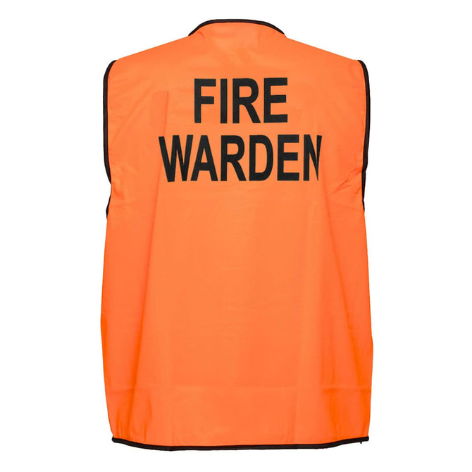 An orange vest with black text reading "FIRE WARDEN." The vest features a simple design and has a branding logo.