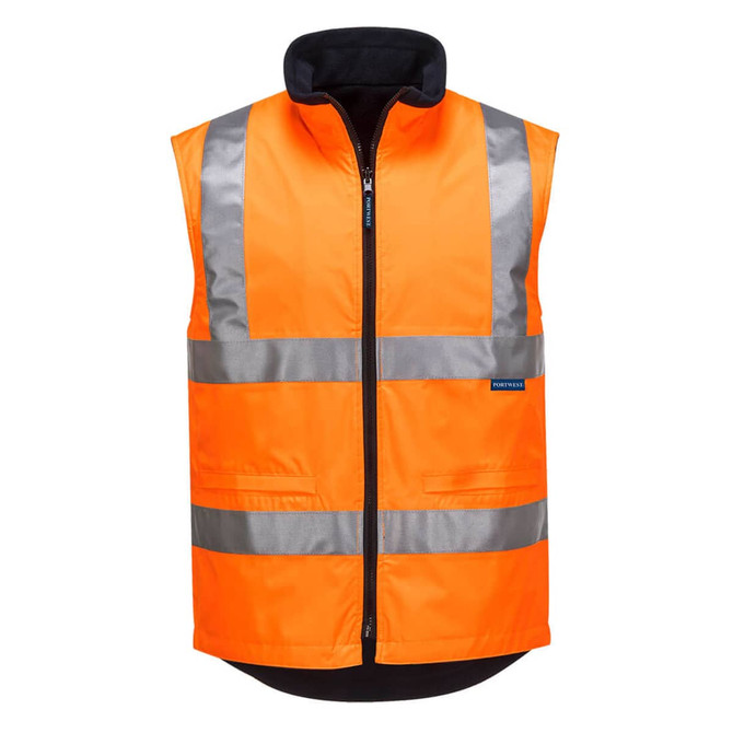 A reversible bodywarmer in bright orange with reflective stripes and a black collar, featuring a logo.