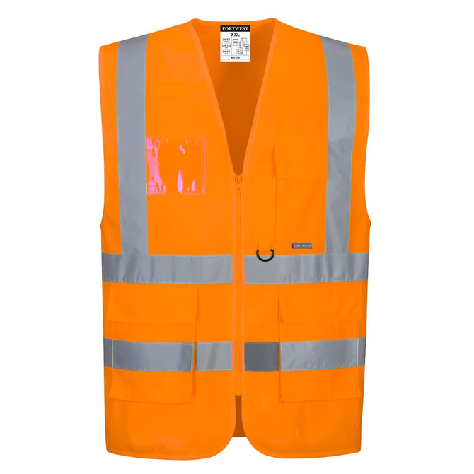Bright orange hi-visibility vest with reflective strips and multiple pockets. Includes a branding logo.