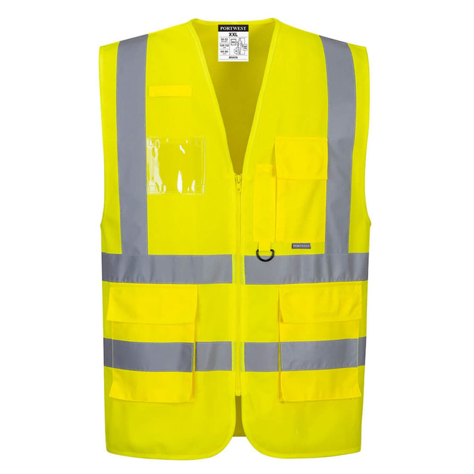 A high-visibility yellow vest with reflective strips and several pockets. It features a front zip and has a logo.
