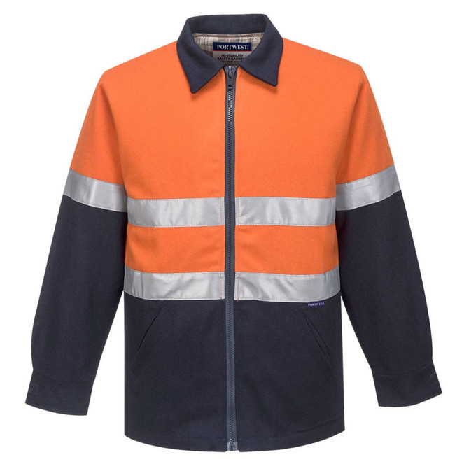 A wool blend jacket featuring blue and orange panels with reflective strips. It has a front zip and a collar.