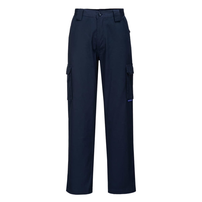 Flame retardant cargo pants in navy blue, featuring multiple pockets and a branded logo.