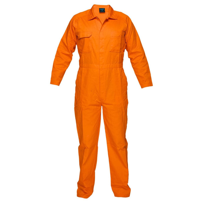 An orange lightweight coverall, featuring long sleeves and multiple pockets, with a logo on the front.