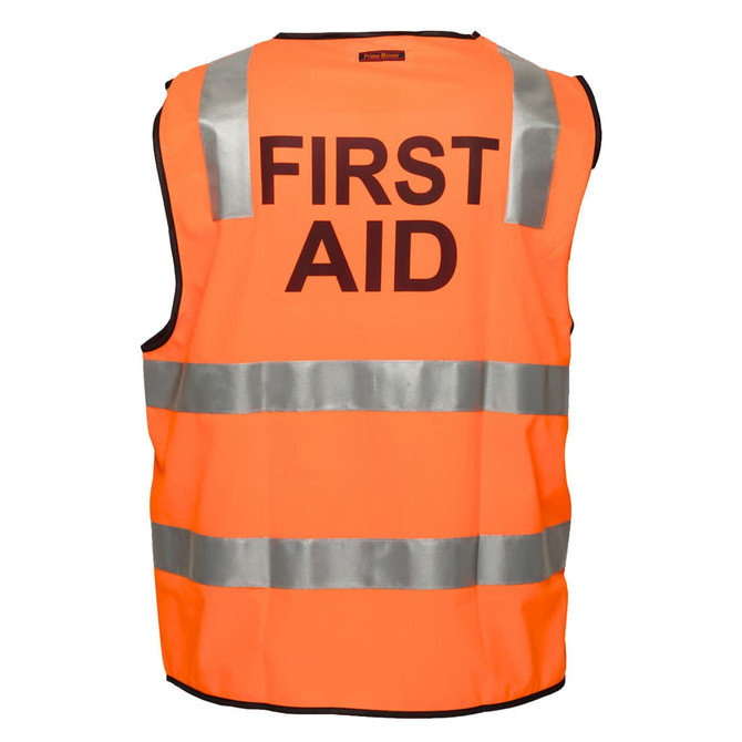 An orange safety vest with reflective stripes, featuring the words "FIRST AID" on the back and a logo.