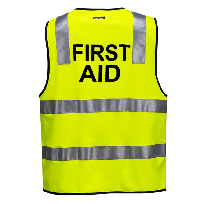 A high-visibility yellow vest with reflective strips, featuring the words "FIRST AID" on the back.