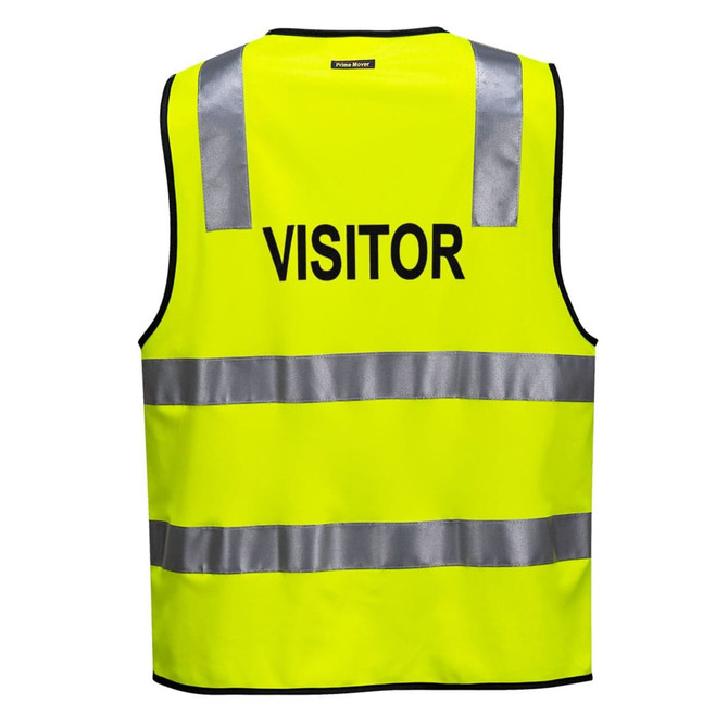 A fluorescent yellow work vest featuring reflective strips and a logo, labelled for visitors.