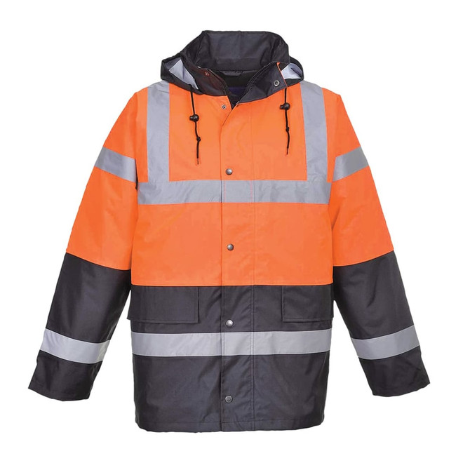 A Hi-Vis 2-Tone jacket featuring bright orange and black panels with reflective strips and a hood. It has a logo.
