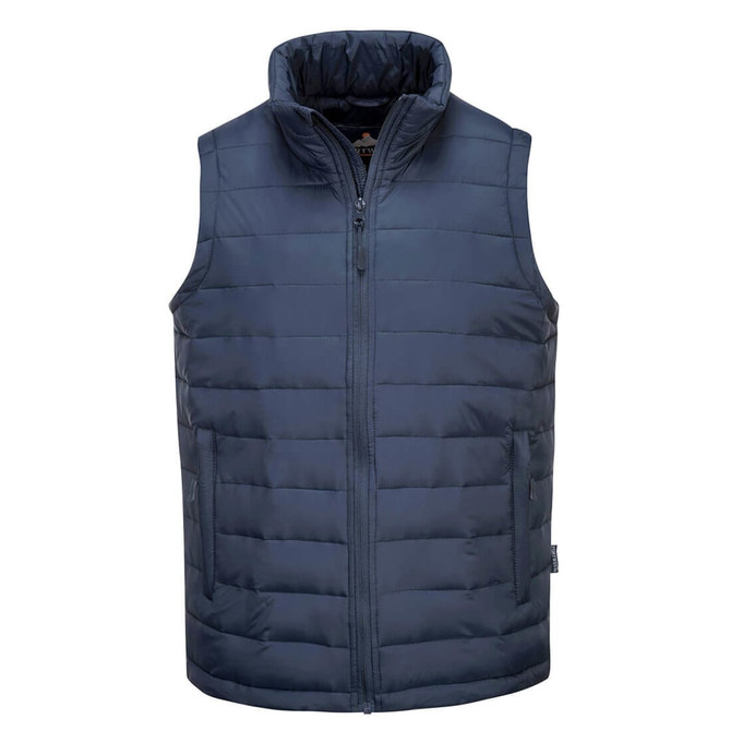 A navy blue padded gilet featuring a zip front and high collar, with two side pockets and a logo.