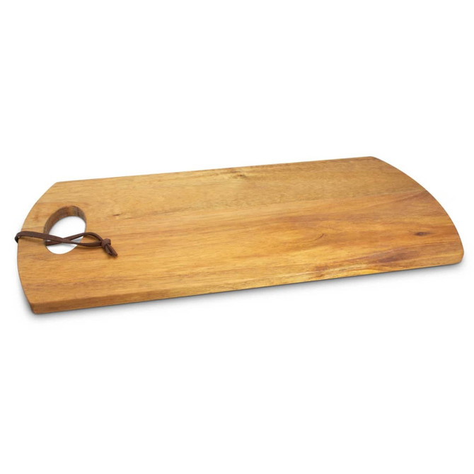 A wooden serving board with a curved edge and a handle, featuring a natural finish and a leather strap.