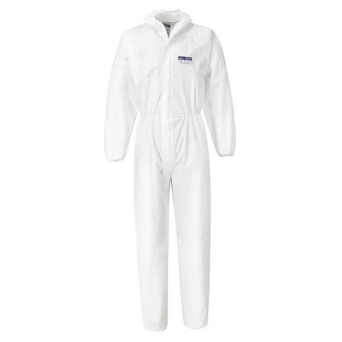 A white coverall made from PP/PE material, featuring a zip front and elastic cuffs, packaged in a set of 50.