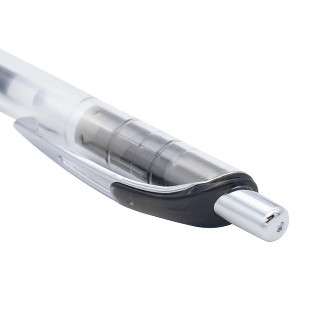 A colourful gel ink pen with a transparent barrel and a black grip, featuring a chrome tip. It has a branding logo.