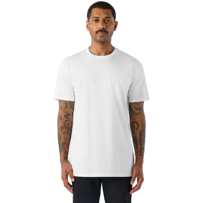 A plain white short-sleeve t-shirt featured on a model with tattoos, standing against a white background.