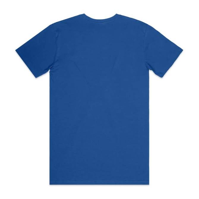 A blue basic tee with short sleeves and a plain back. It features a logo.