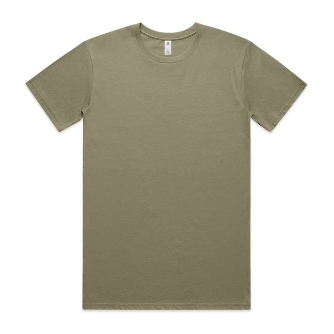 A plain olive green T-shirt with short sleeves and a crew neckline, featuring a label and no visible branding.