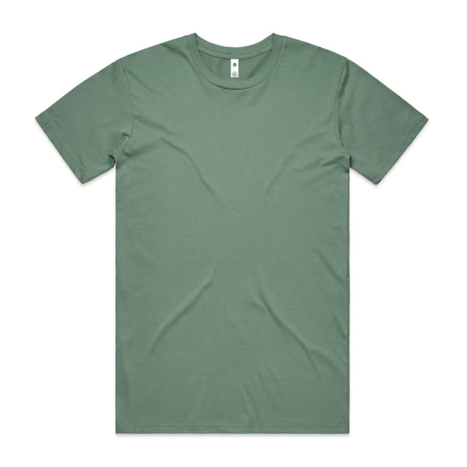 A basic tee in a soft sage green colour, featuring a simple design and a small logo at the neckline.