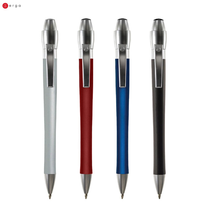 Four metal pens in silver, red, blue, and black, featuring a sleek design and a branded logo.