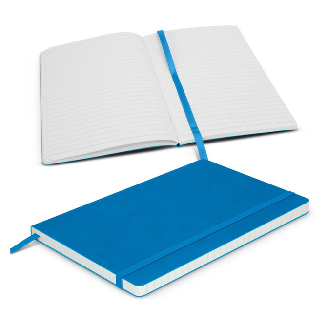 A blue Hudson Notebook with a textured cover, featuring lined pages and a matching ribbon bookmark.