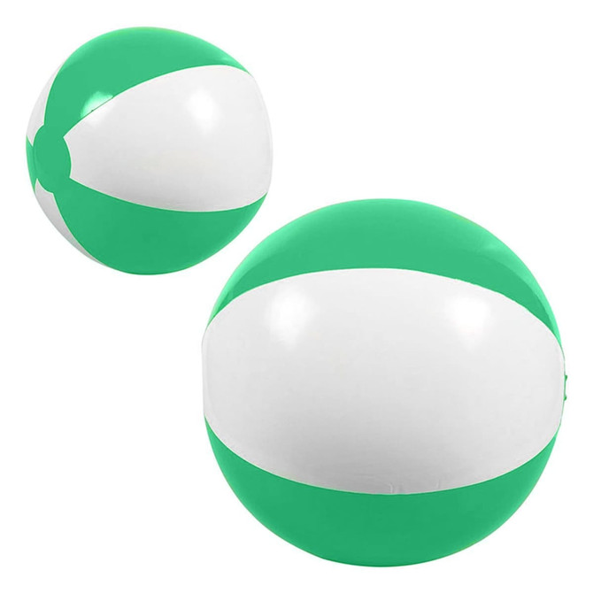 A green and white beach ball, measuring 40cm, with a glossy finish and a logo on it.