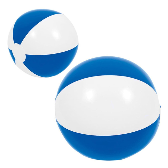 A blue and white beach ball, 40cm in size, with a glossy finish and a branding logo.