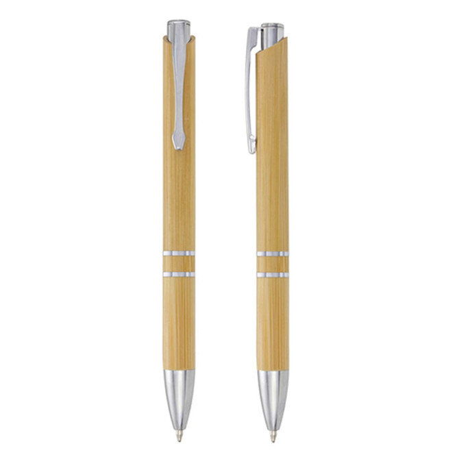 A set of two bamboo pens with silver accents and a simple, elegant design, featuring a logo on the barrel.