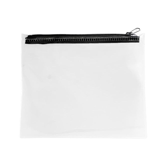 A clear pouch with a black zip closure, suitable for organising documents or supplies.