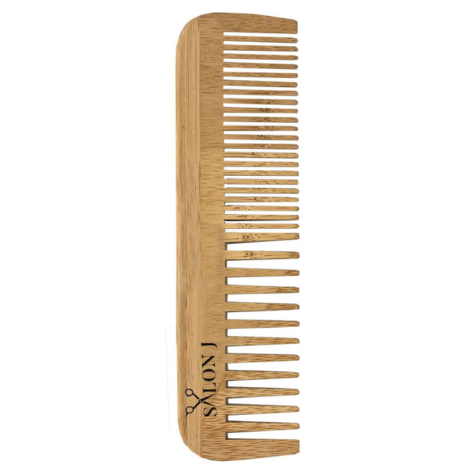 A bamboo comb with wide and fine teeth, featuring a logo on one side. The comb has a natural wood finish.