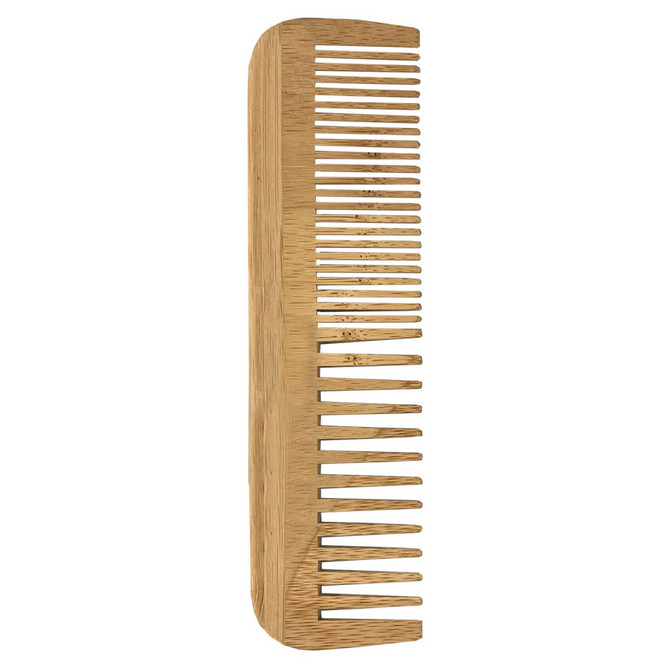 A bamboo comb with fine and wide teeth, featuring a natural light brown colour and a smooth finish.