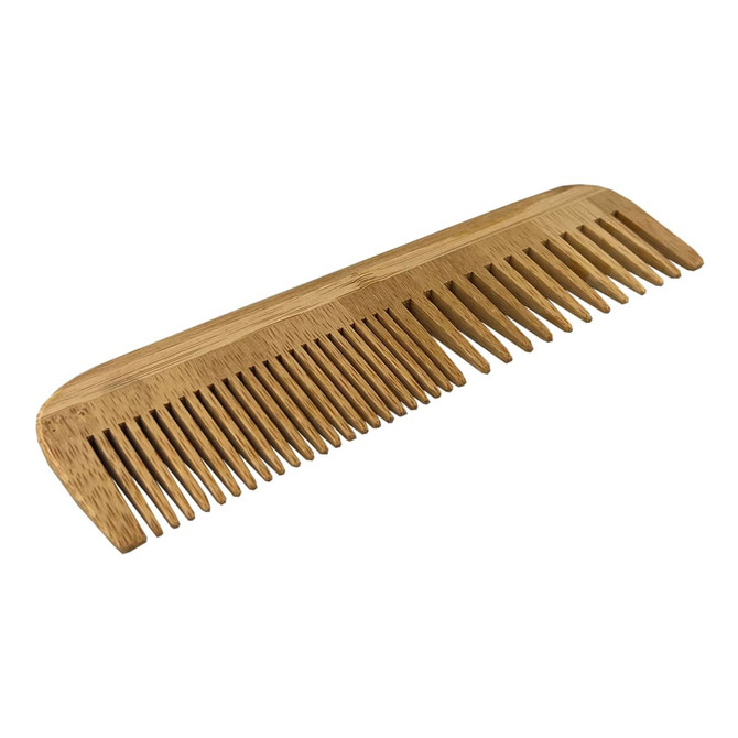 A bamboo comb featuring a smooth finish and evenly spaced teeth, showcasing a natural wood colour.